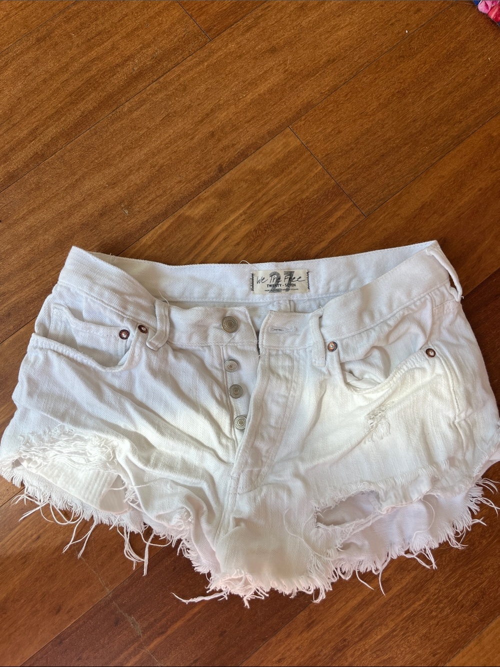 We The Free White Distressed Button-Front Denim Shorts